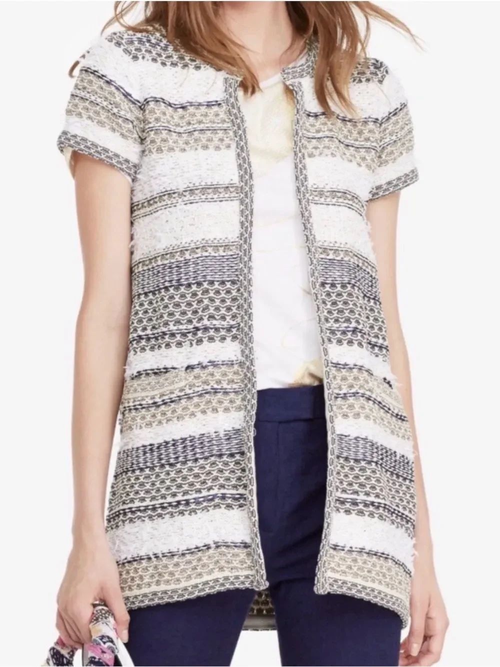 Diane Von Furstenberg Short-Sleeve Striped Open Cardigan in White, Gray & Tan